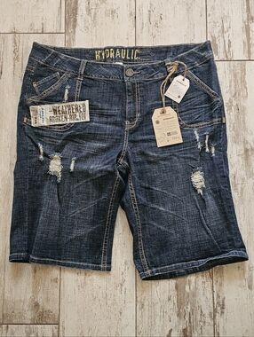 Hydraulic Blue Distressed Denim Bermuda Shorts 22 NWT